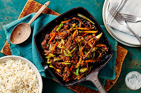 Beef bulgogi is a classic Korean recipe; strips of steak are marinated in a soy, sesame, garlic and ginger sauce before being flash fried with carrots and spring onions.