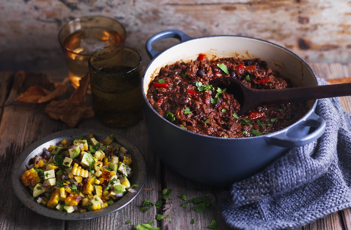 South American chilli with charred corn salsa recipe