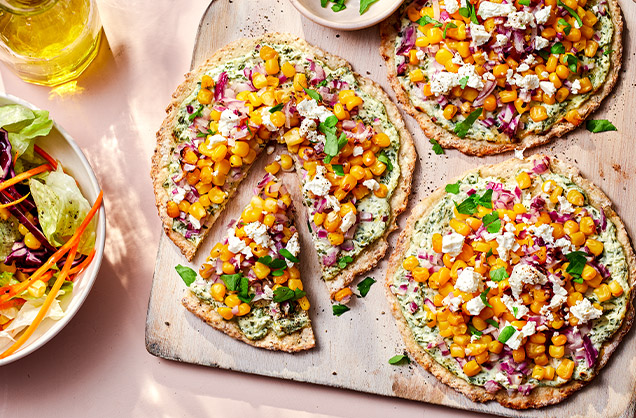 Friday: Cauliflower pizzettes with sweetcorn and feta