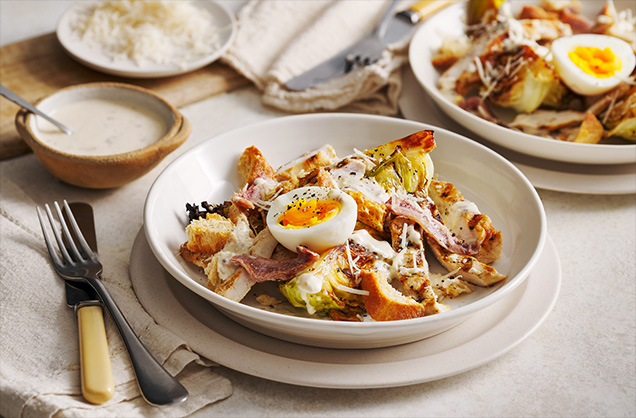 Charred cabbage and chicken Caesar salad
