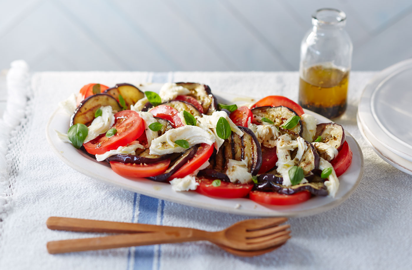 Barbecued aubergine, mozzarella and tomato salad recipe
