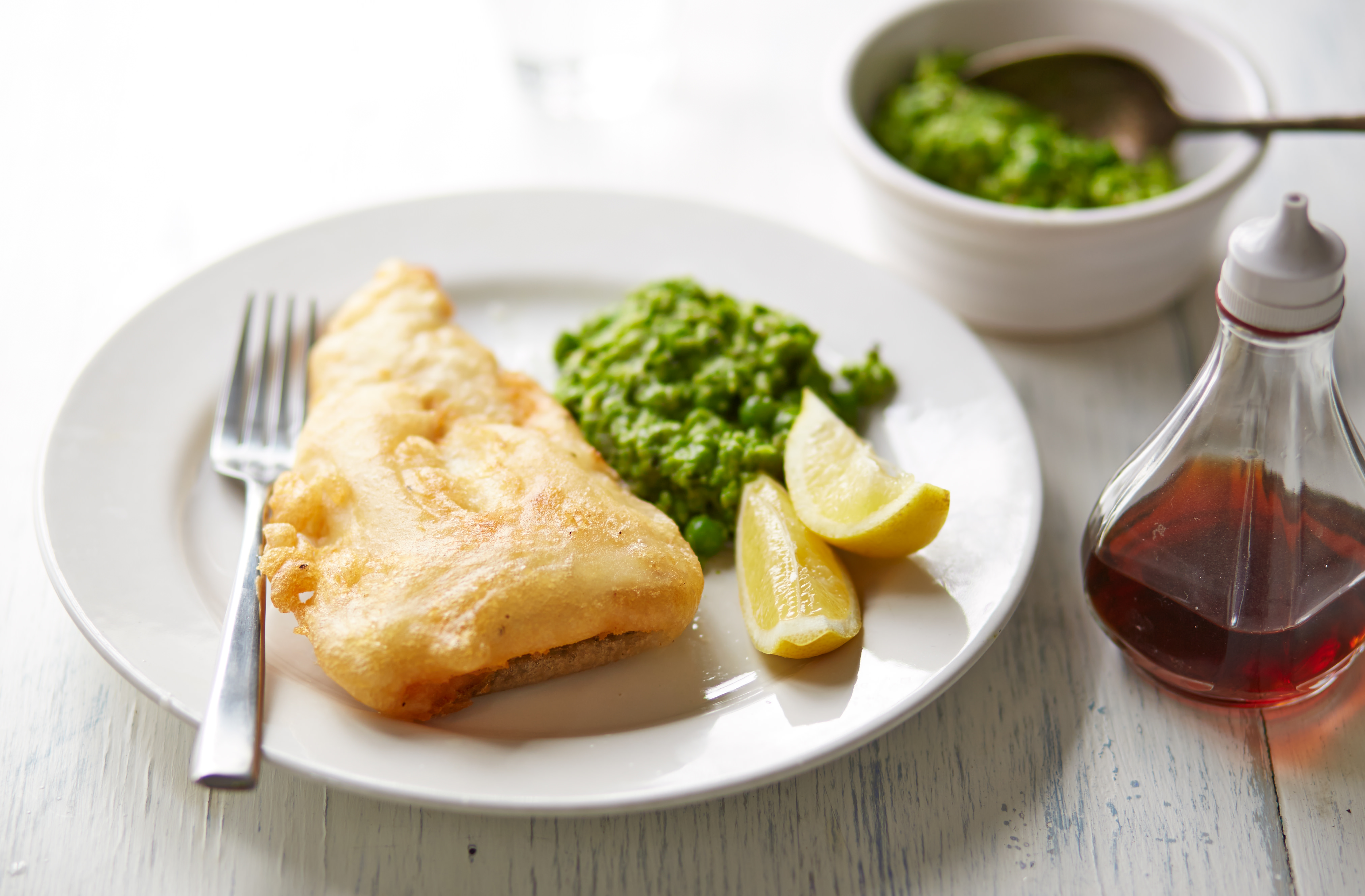 Gluten-free battered cod and mushy peas recipe