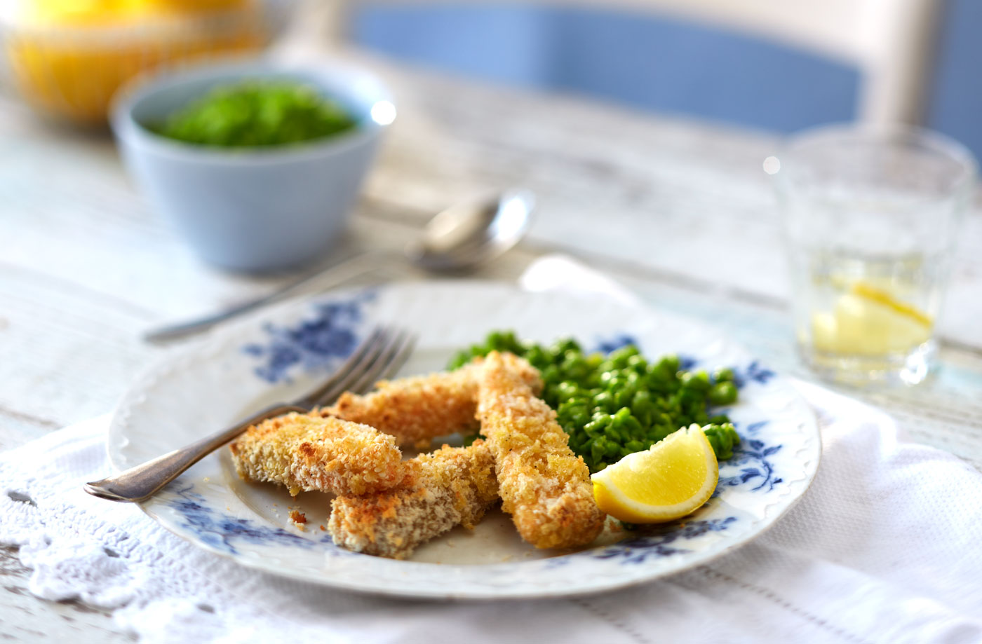 Homemade salmon fish fingers with crushed peas recipe