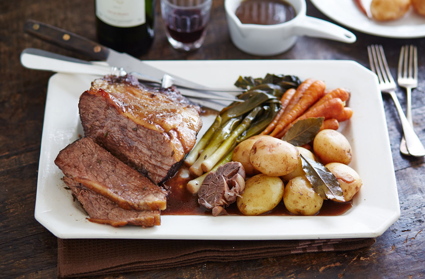 Pot-roasted beef in red wine with baby veg and new potatoes recipe