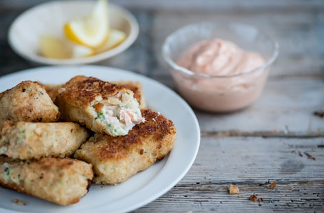 Adam Gray’s salmon and smoked haddock fishcakes with tomato mayo involves plenty of opportunities for little hands to get nicely sticky.