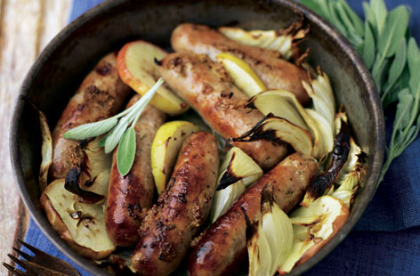 A gorgeous apple, sausage and sage one-pan roast and a comfort food classic. Perfect with mashed potato and hot buttered cabbage. Give the sausages and onions a head start in the oven, then add the apples, sage, and maple and mustard glaze a little later.