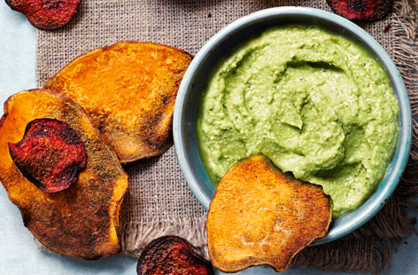 Try this guilt-free dip which goes wonderfully well with baked root vegetable crisps or crudités.