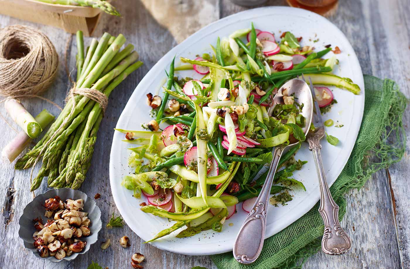 Asparagus and radish salad with green chilli and ginger dressing recipe