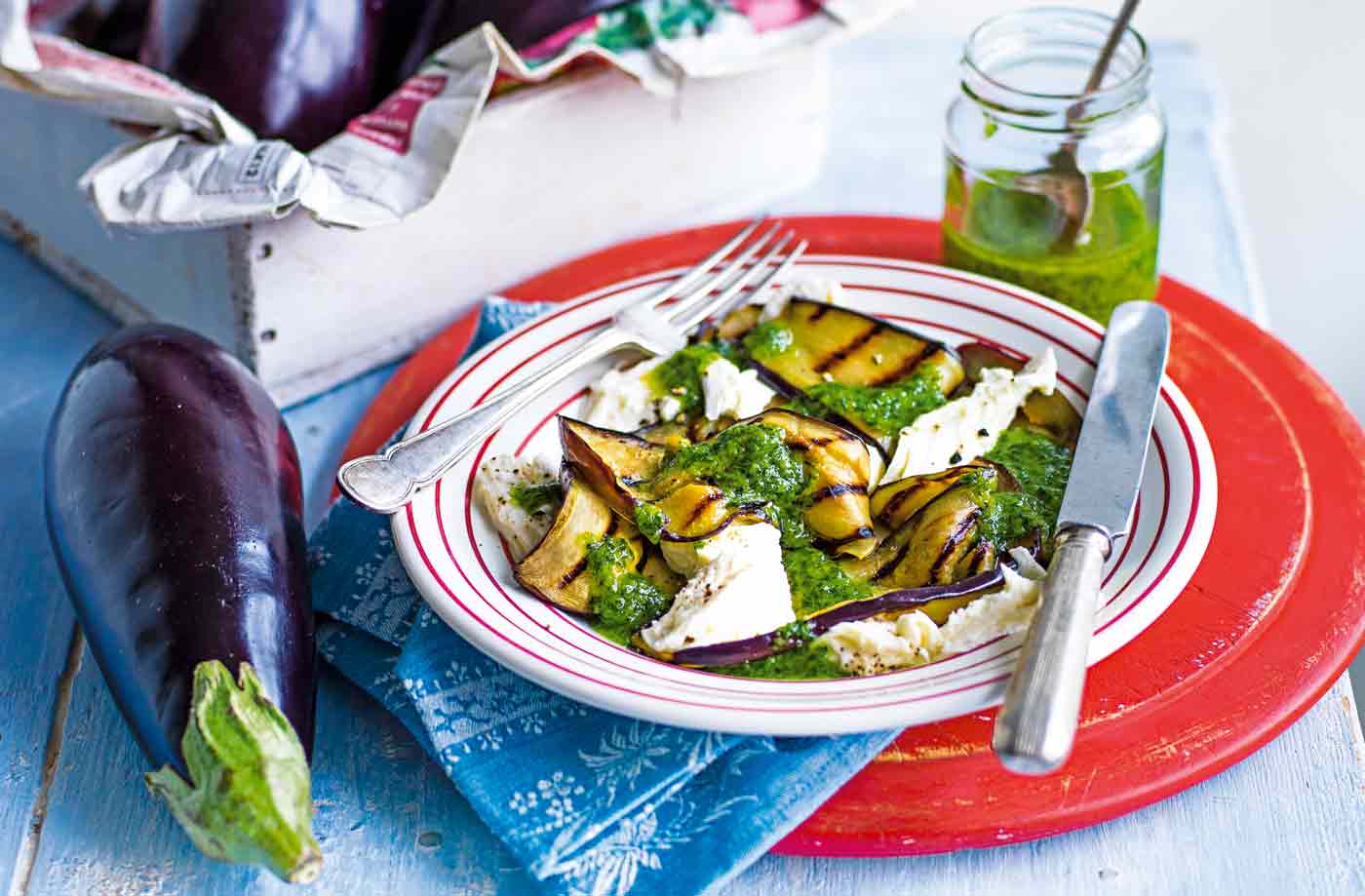 Grilled aubergine with almond and parsley pesto recipe