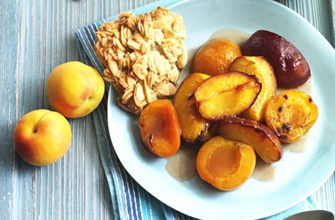 Delicious golden nectarines and apricots with Marsala and honey, served with almond florentines.