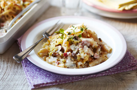 If you're after a dairy free pasta bake, this recipe uses soy milk and free from cheese to make a creamy sauce packed with flavour. Pour it over cooked pasta, bacon and mushrooms then bake under the grill for a comforting and easy dinner dish.