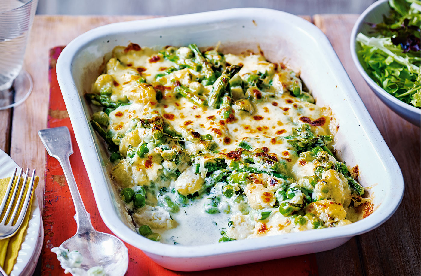 Baked gnocchi with peas and broad beans recipe