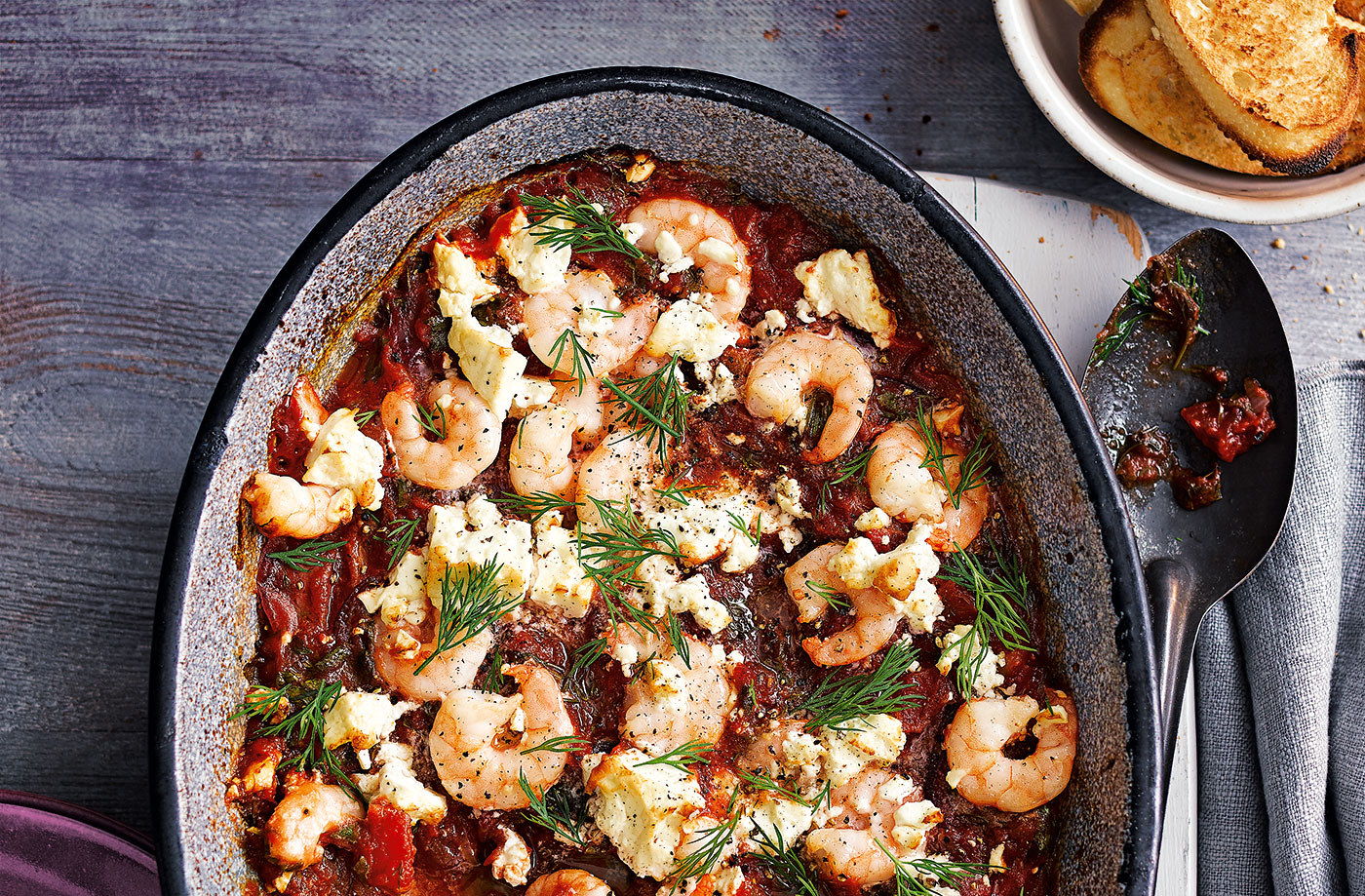 Baked prawns with tomatoes and feta recipe