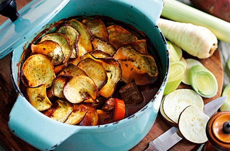 Parsnips, carrots, leeks and sweet potato all combine in this hearty beef and root vegetable hotpot recipe.