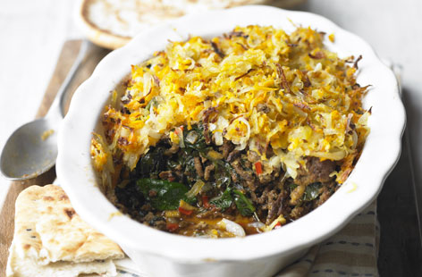 Add a twist to your beef pie with these delicious Indian flavours. Spices of cumin, ground coriander, turmeric and garam masala plus the heat of the red chillies makes for a moreish spicy beef dish. The whole family will love the rosti topping, too.