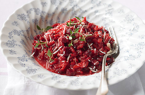 This bright beetroot risotto with thyme and Parmesan tastes just as good as it looks. Peeled and diced beetroot might not be everyone's go-to vegetable when it comes to risotto but the beet's subtle earthiness adds a nice layer of grunt to this rich and creamy dish.