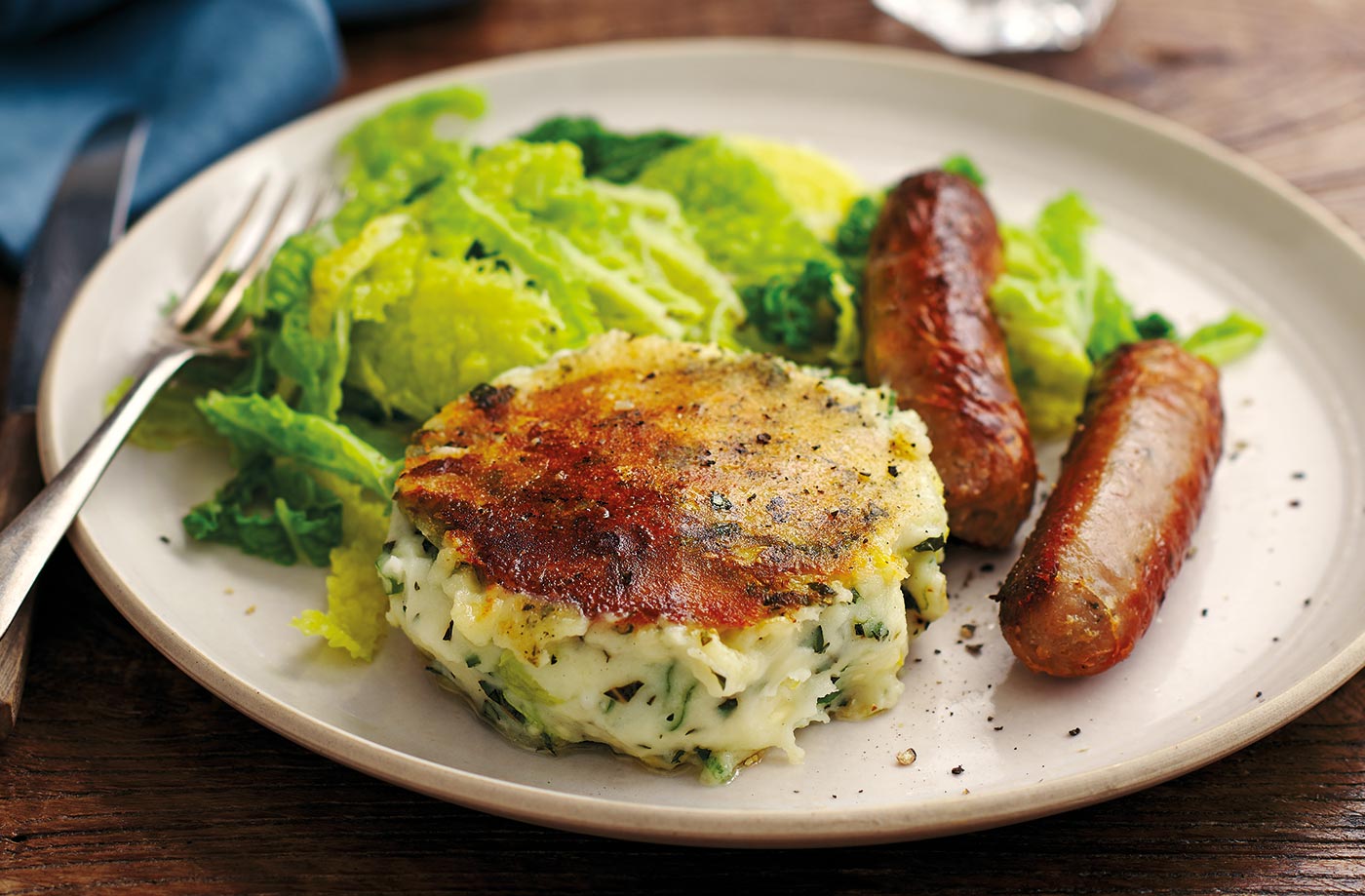 Bubble and squeak cakes with sausages recipe