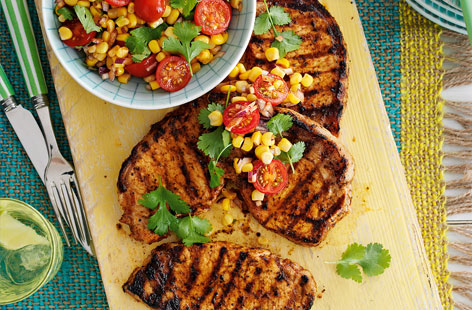A delicious and speedy supper, ready in moments: tender pork loin steaks, marinated in a spicy cajun sauce and served with a spicy sweetcorn and coriander salad. Marinate the steaks for as long as you wish: even just a few minutes will make a difference.