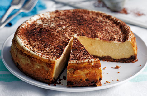 A brilliant twist on the classic baked cheesecake, made with cream cheese laced with coffee on a base of chocolate digestives