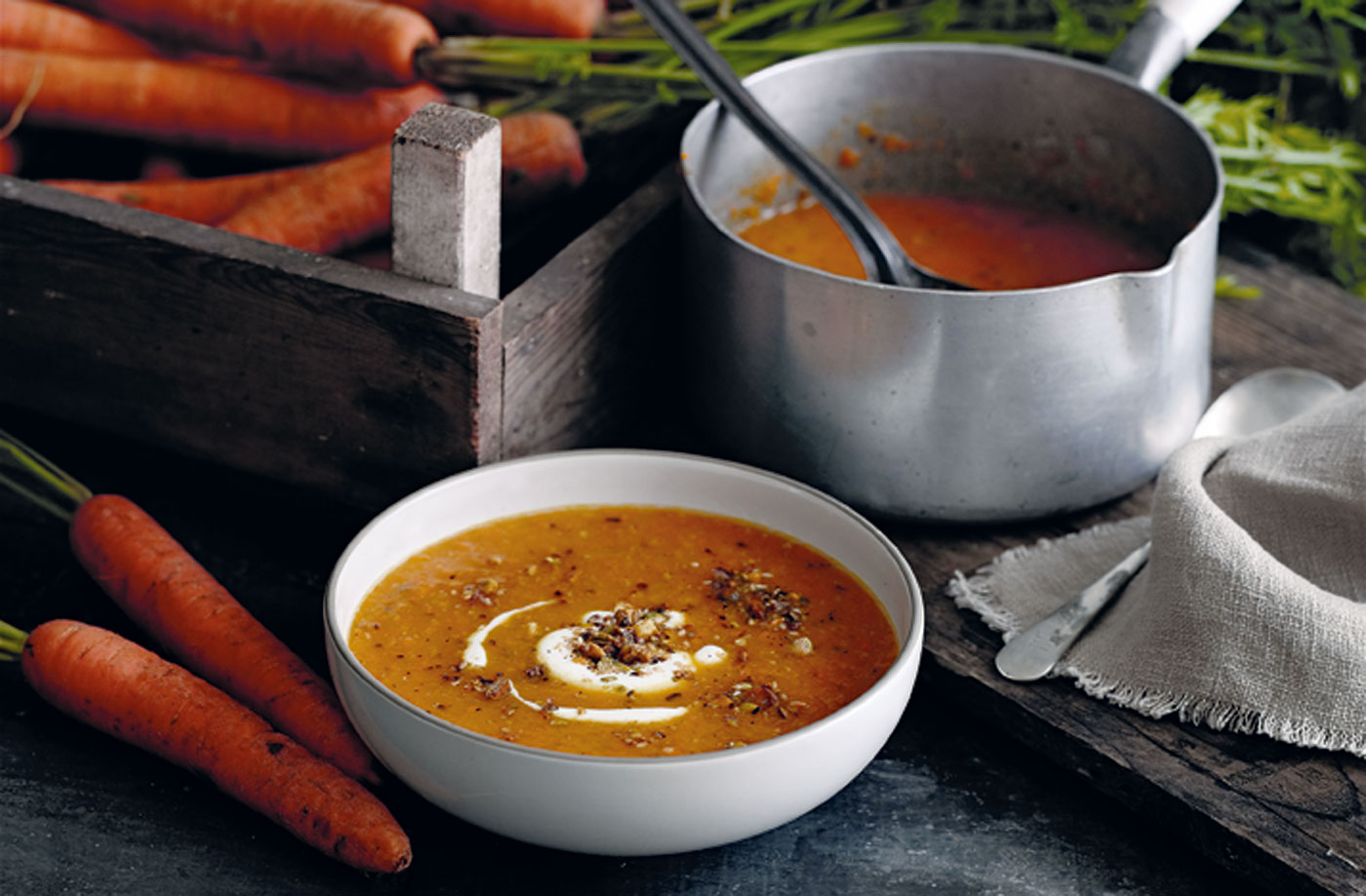 Carrot soup with yogurt and spiced pistachios recipe