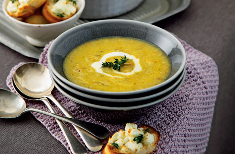 Delicately spiced with cumin, garlic and thyme, this cauliflower soup is thick, luxurious and a meal in and of itself. Serve it in warmed bowls with a swirl of soured cream and a few golden slices of bruschetta on the side.