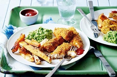 We've given this British classic a tasty twist by coating white fish in a cornflake crumb and serving with rainbow potatoes