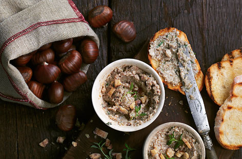 A vegetarian pâté is surely the perfect starter for a hearty autumn feast. Made with real chestnuts, you'll first need to score a cross in each of them and roast in the oven until they are sweet and soft. Mushrooms, garlic, sherry, thyme and cream complete this recipe, packed with flavour.