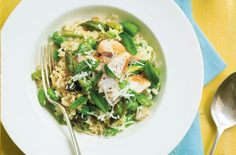 This is summer in a dish: crunchy asparagus, nutty broad beans and fresh mint are a perfect complement to the chicken in this risotto recipe. If you don't drink or don't have any wine, simply add more chicken stock.
