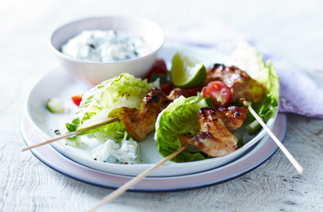 Add some spice to your life with these healthy chicken tikka skewers, which are paired with a dairy-free raita. They make for a great free-from starter, appetiser or a main course when served with rice.