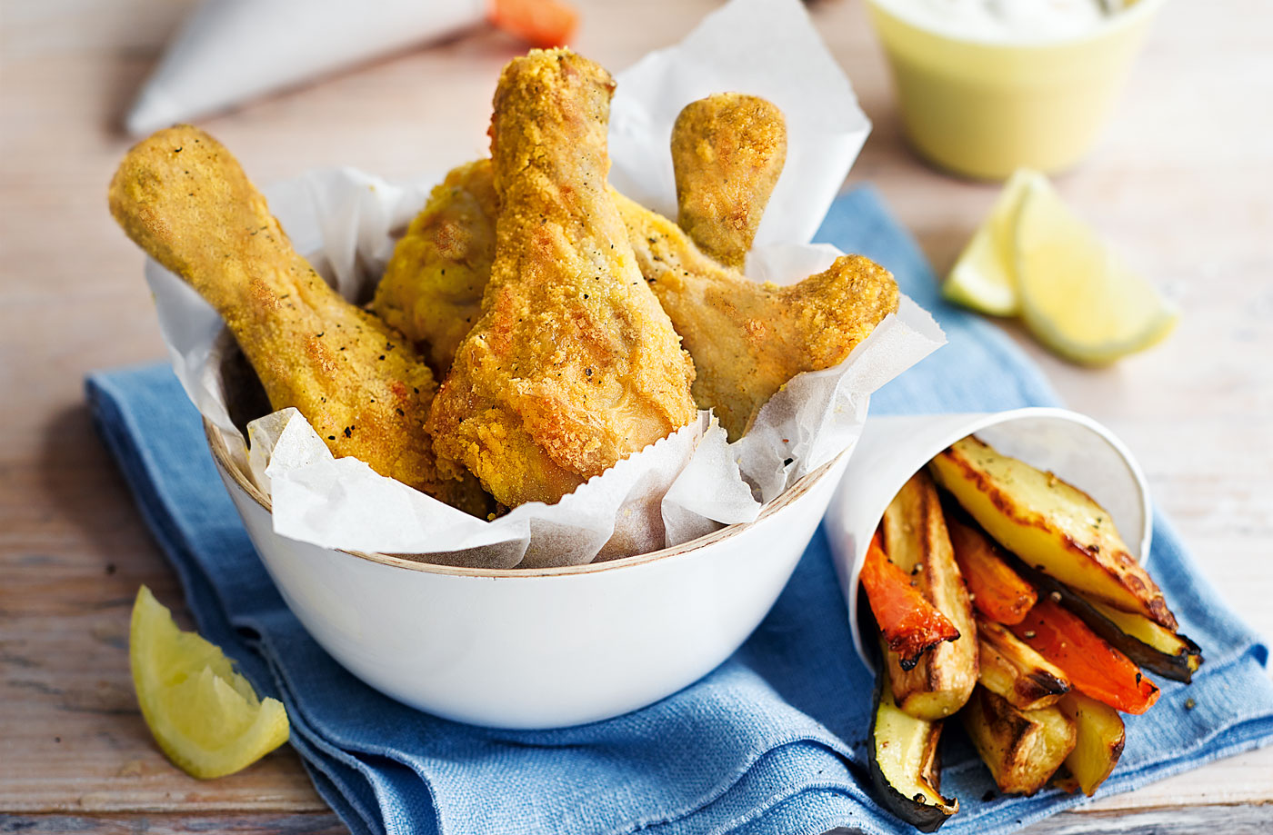 Chicken drumsticks with vegetable chips and garlic dip recipe