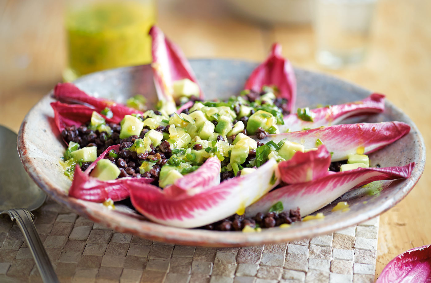 Chicory and lentil salad with warm shallot dressing recipe