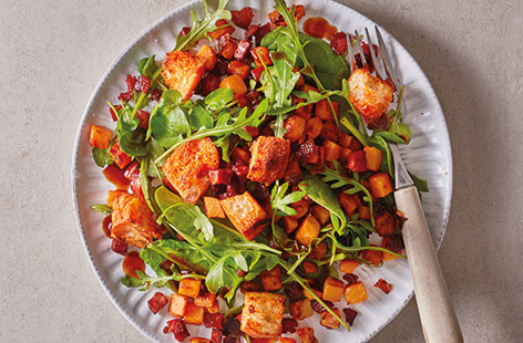 Crisp morsels of diced chorizo and burly croutons of fried ciabatta combine to give this fresh and vibrant squash and sweet potato salad a satisfying crunch. 