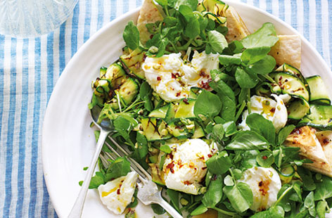 This summer salad is the perfect light lunch. Smoky griddled courgettes, creamy mozzarella and crispy pitta chips combine with peppery watercress for a simple 15-minute salad.