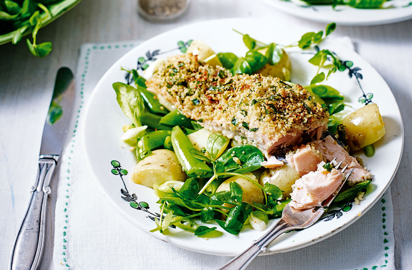 Couscous-crusted salmon with pea and potato salad recipe