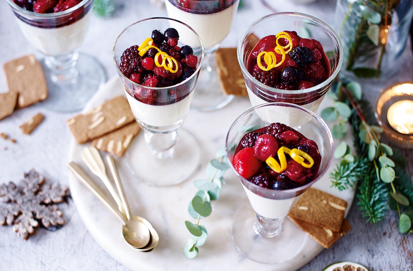 Creamy eggnog panna cottas with mulled berry compote recipe