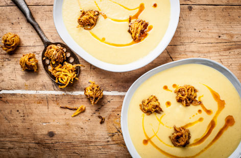 This warming seasonal soup by Luke Tipping is spiced up a little with the addition of the classic onion bhaji.