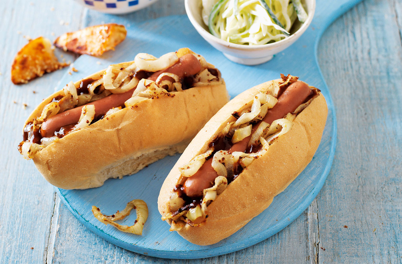Honey-mustard hot dogs with apple slaw and paprika wedges recipe