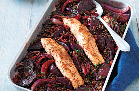 A flavour-packed one-pot dish that's easy to throw together and combines sticky citrus salmon with salty chorizo, earthy beetroot and wholesome lentils