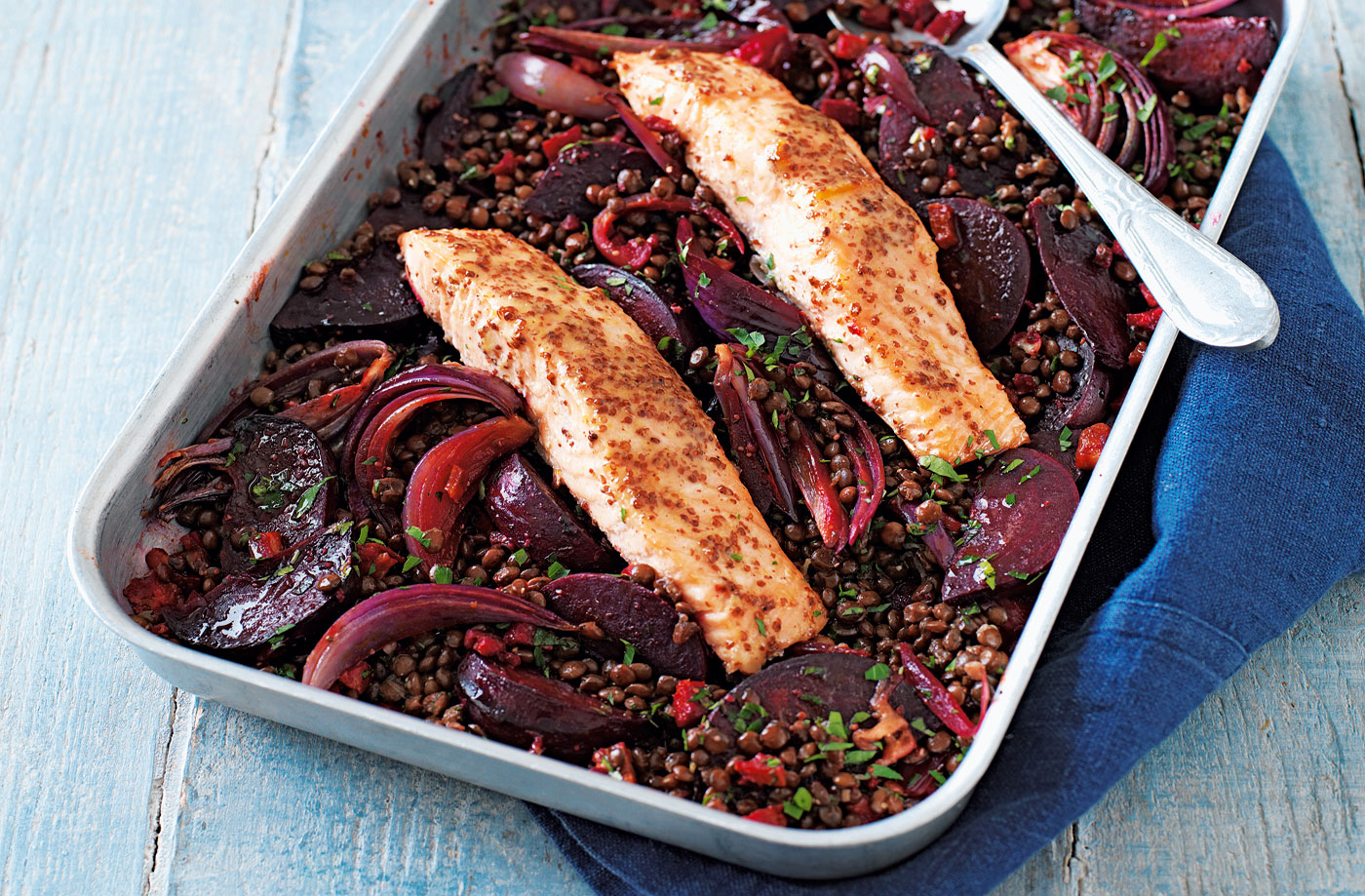 Orange-glazed salmon with beetroot, chorizo and lentils recipe