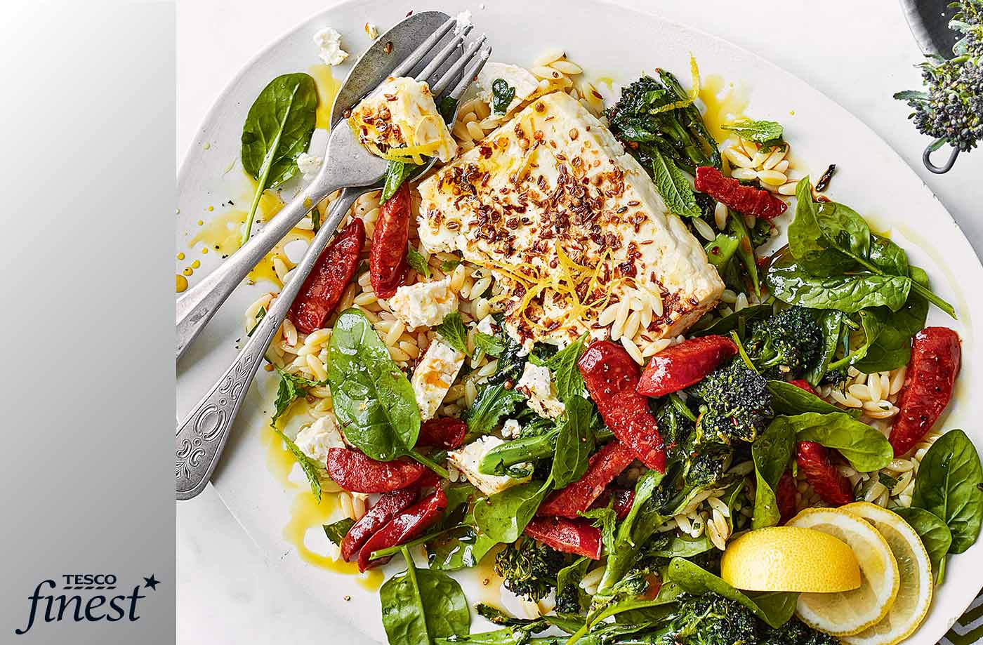 Lemon-roasted Greek cheese and broccoli with orzo recipe