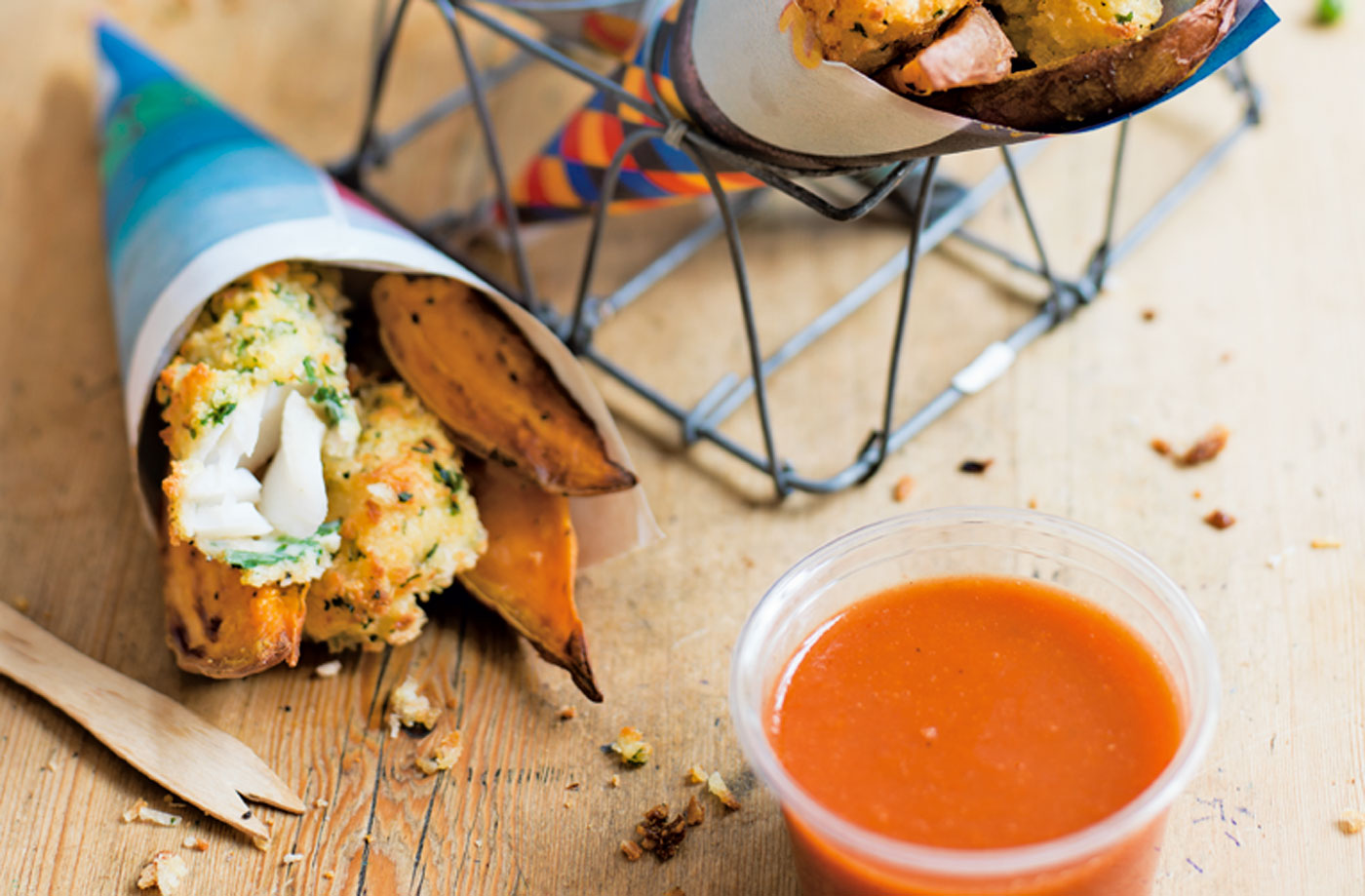 Fish fingers, sweet potato wedges and ketchup recipe
