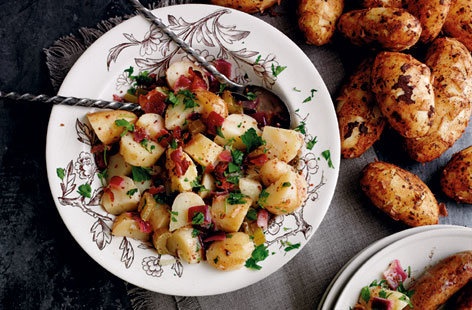Try this great German-style potato salad with bacon, mustard and parsley as a side dish for grilled pork or boiled Polish sausages.