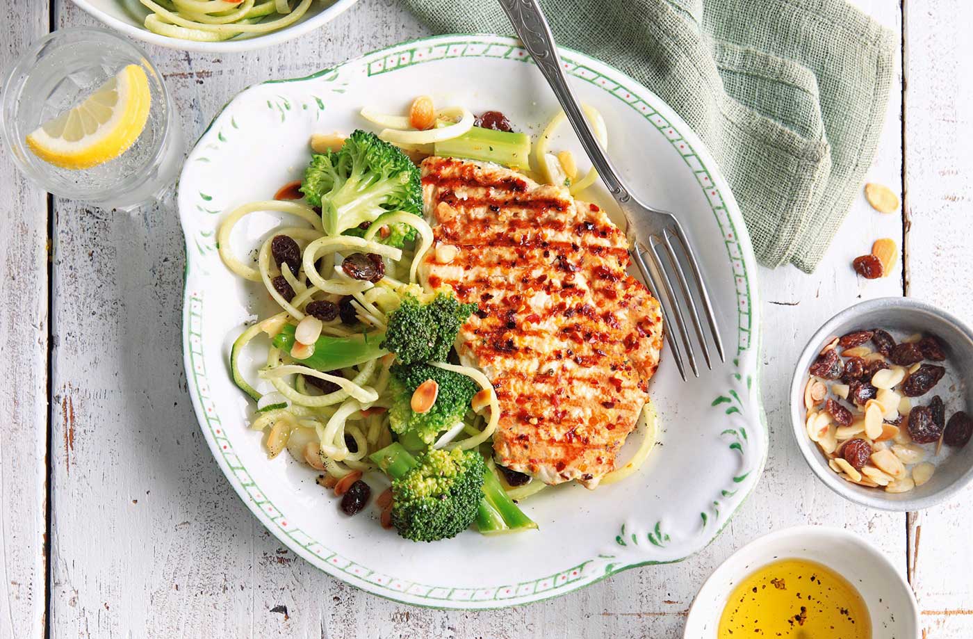Griddled chicken with almond courgetti recipe
