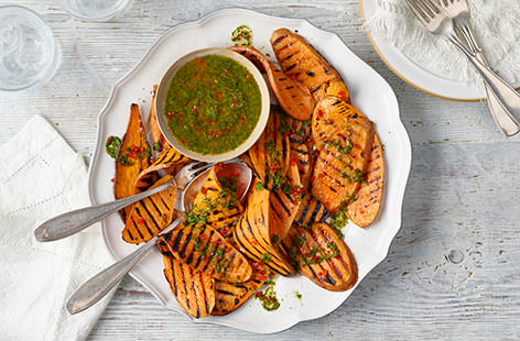 Griddled sweet potatoes with herby dip