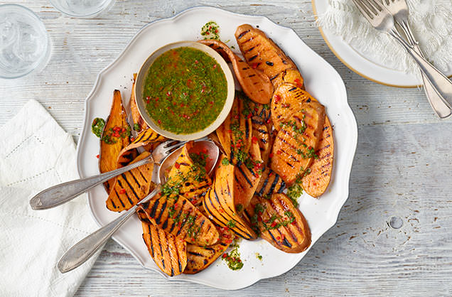 Griddled sweet potatoes with herby dip recipe