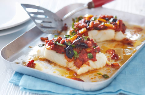 Try serving firm, flaky cod with this rich tomato and olive sauce, for that perfect midweek meal.