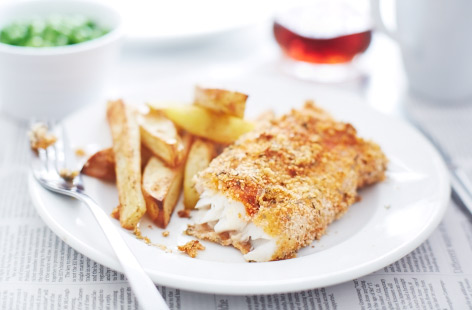 A healthy take on the British classic. As well as breadcrumbs, mixed herbs and paprika are added to the mix to give the fish coating to give an extra kick. The homemade chips are made with a little bit of garam masala – a gorgeous way to do them differently.