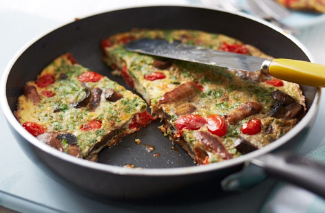 Breakfast for dinner is one of life's great pleasures, and this frittata packs in all the best elements of a fry up: Sausages, tomatoes, mushrooms, and of course plenty of eggs. Finish the frittata under the grill to cook that top to perfection.
