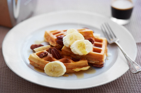 For an afternoon treat or extra-extravagant dessert, these waffles with banana and maple syrup are an American dream of a pud. Made with rich whole milk, eggs and flour, wash them down with plenty of filter coffee, diner-style.
