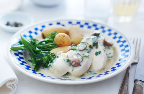 Poultry and white wine are a match made in culinary heaven. Here chicken breasts are gently poached, then the is liquor used to make a creamy mushroom white wine sauce. Serve with new potatoes and delicious tenderstem broccoli.
